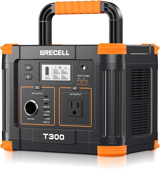 Portable Power Station 300W, GRECELL 230.88Wh Solar Generator with 60W USB-C PD Output, 110V Pure