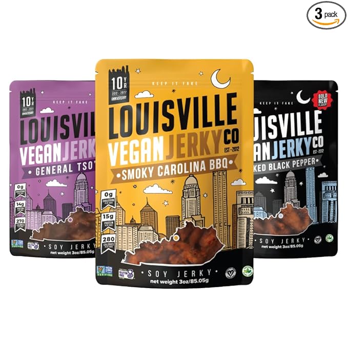 Louisville Vegan Jerky, Variety Pack – 3 Pack Includes Smoky Carolina BBQ, Smoked Black Pepper