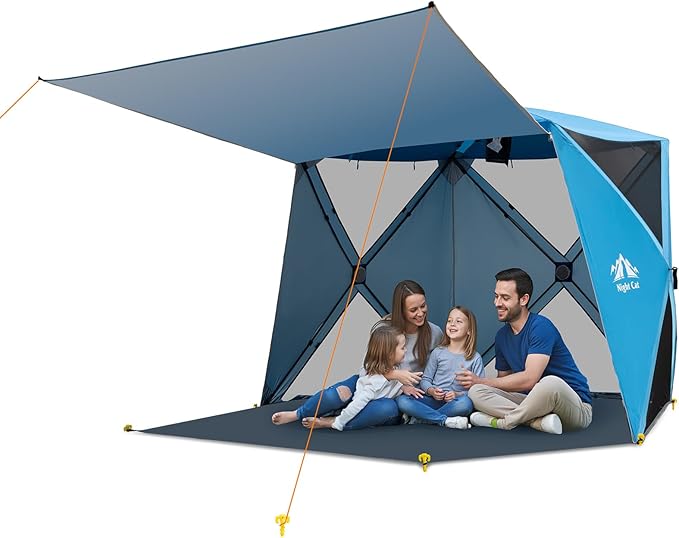 Night Cat Pop-up Beach Tent: 3 4 Persons Beach Shelter with Canopy and Footprint, UPF 50+ UV