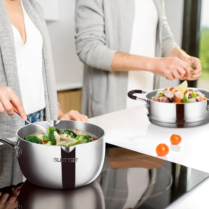 3.5 Quart Stainless Steel Saucepan with Steamer, Tri-Ply Full Body Small Multipurpose Pot with Pour