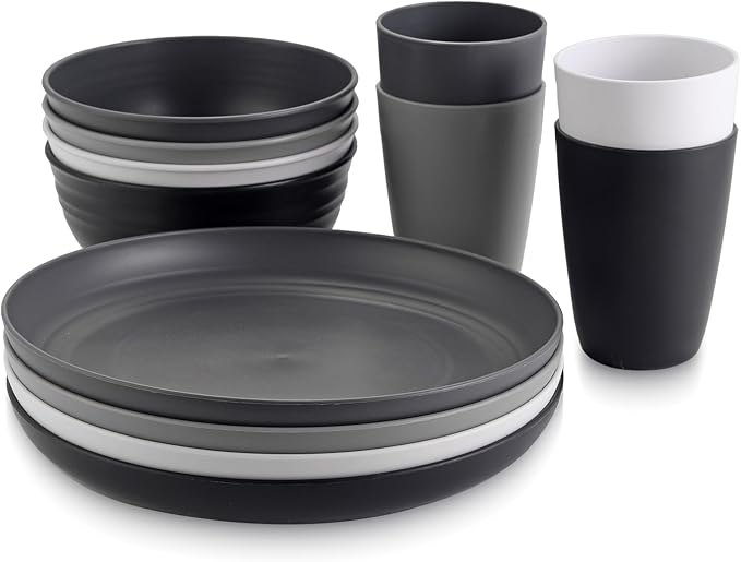Plastic Camping Plates and Bowls Set, 12pcs Unbreakable Camping Dinner Set for 4, Reusable