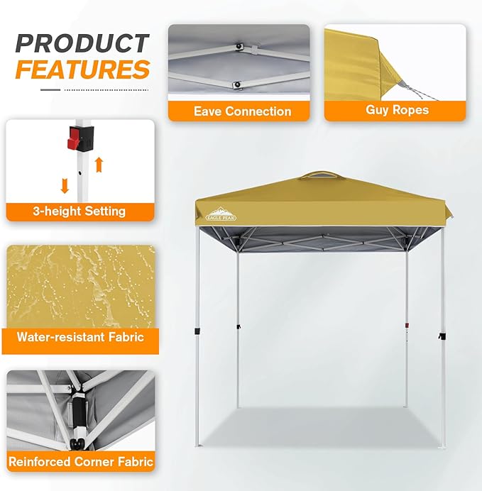 EAGLE PEAK Pop Up Canopy Tent with Wheeled Carry Bag, 8 Stakes, 4 Ropes, Easy Set Up Tent Canopy