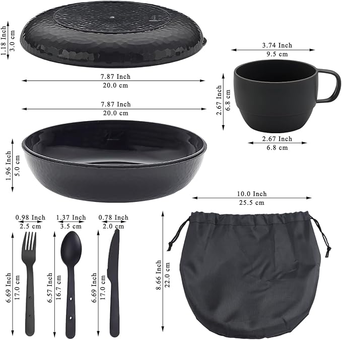 Berglander Camping Mess Kit with Bowl, Plate, Cup, Spoon, Fork, Knife and Carry Bag, Plastic