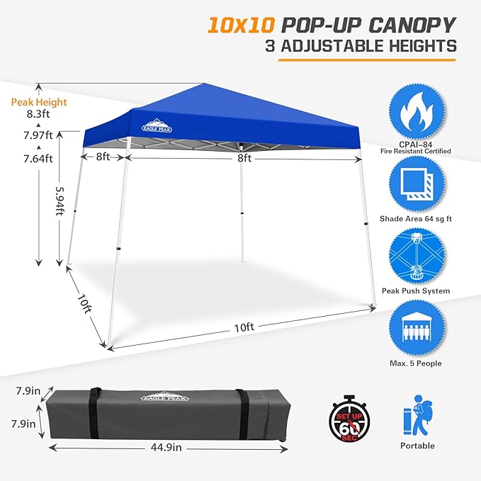 EAGLE PEAK 10x10 Slant Leg Pop-up Canopy Tent Easy One Person Setup Instant Outdoor Beach Canopy