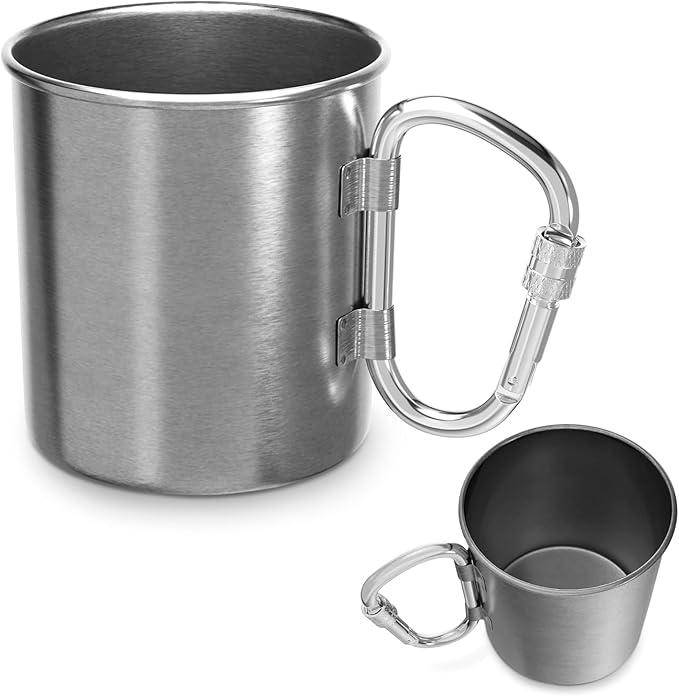 13.5 Oz Stainless Steel Camping Mug with Carabiner - Metal Camping Cup for Traveling, Lightweight