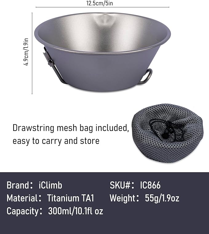 iClimb Titanium Bowl with Foldable Handle Ultralight Compact Portable Flatware Tableware with Bag
