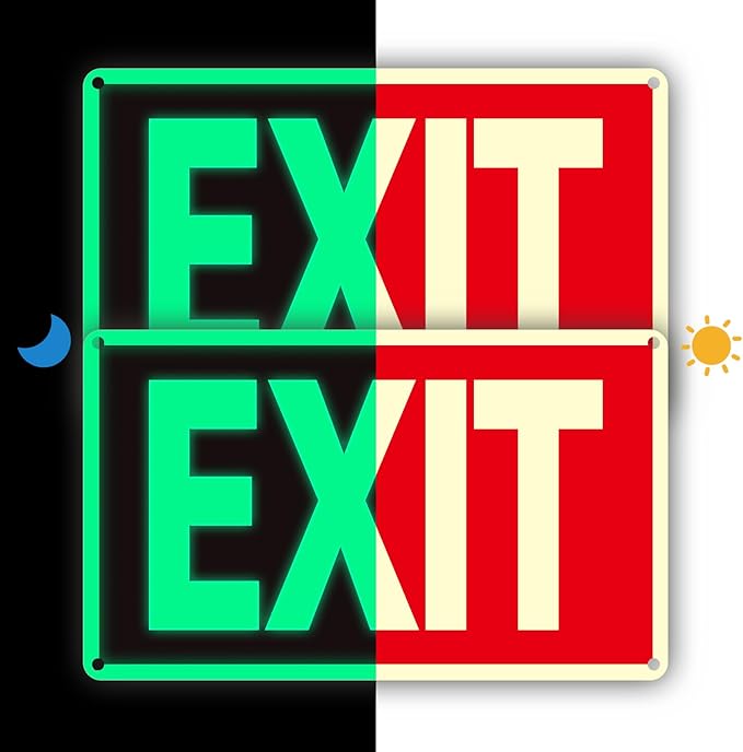 Exit Sign -2 Pack Glow in the Dark Exit Signs Aluminum 12x7 Inch – Photoluminiscent, Laminated for