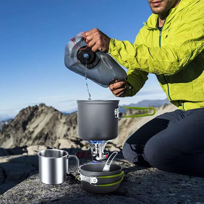 Odoland 8pcs Camping Cookware Mess Kit, Camping Pot and Pan Set with Mini Backpacking Stove