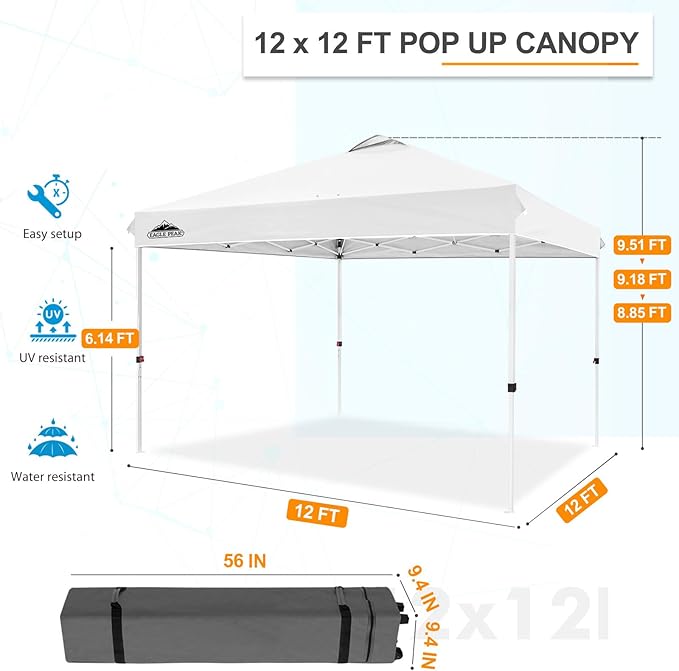 EAGLE PEAK Pop Up Canopy Tent with Wheeled Carry Bag, 8 Stakes, 4 Ropes, 4 Weight Bags, Easy Set Up