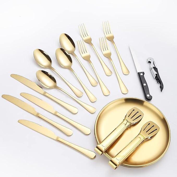 Picnic Dishes Utensils Gold Camping Flatware Set for 4 Portable Tableware Plates Silverware Forks