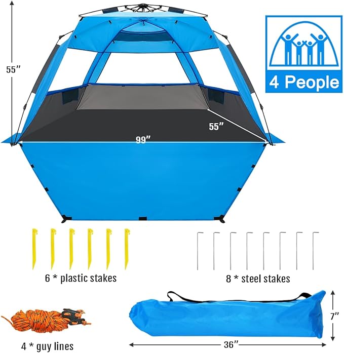 WhiteFang Deluxe Pop Up Beach Tent Sun Shade Shelter for 3-4/5-6 Person, UV Protection, Extendable