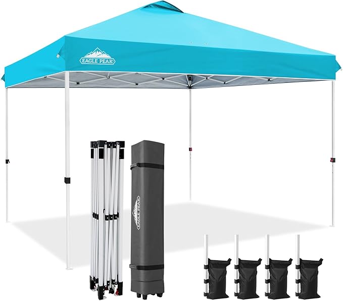 EAGLE PEAK Pop Up Canopy Tent with Wheeled Carry Bag, 8 Stakes, 4 Ropes, 4 Weight Bags, Easy Set Up