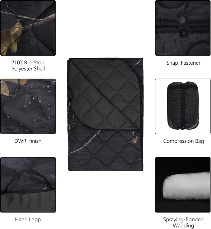 Poncho Liner Military Blanket Outdoor Camping Blankets for Travel, Beach, Grass, Picnic, Car
