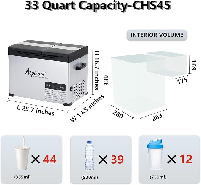 Alpicool CHS45 Dual Temperature Control 12 Volt Refrigerator 33 Quart Portable Car Fridge Freezer