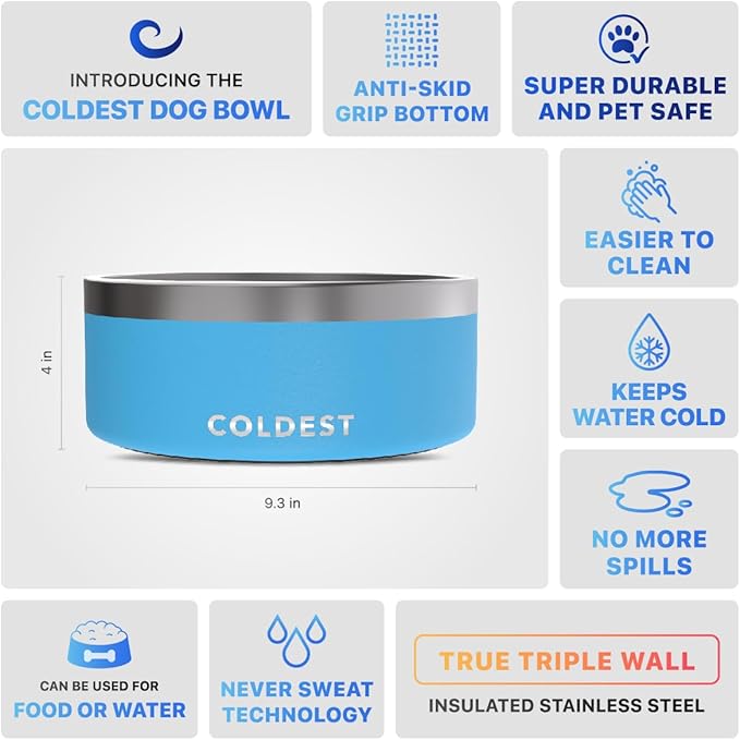 Coldest Dog Bowl - Anti Rust Metal, Non Slip, 3 Layers Insulated Stainless Steel Dog Bowls - Spill