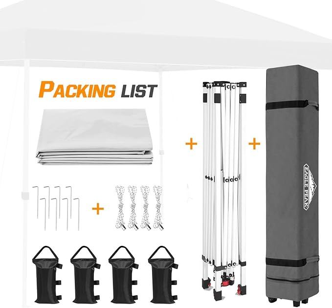 EAGLE PEAK Pop Up Canopy Tent with Wheeled Carry Bag, 8 Stakes, 4 Ropes, 4 Weight Bags, Easy Set Up