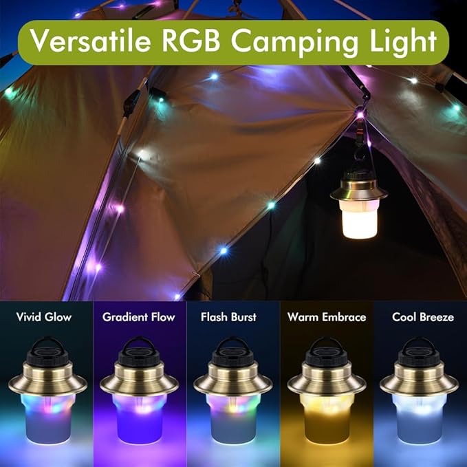 Rechargeable LED Camping Lights & Lantern, Waterproof Lamp with 5 Modes RGB String Lights
