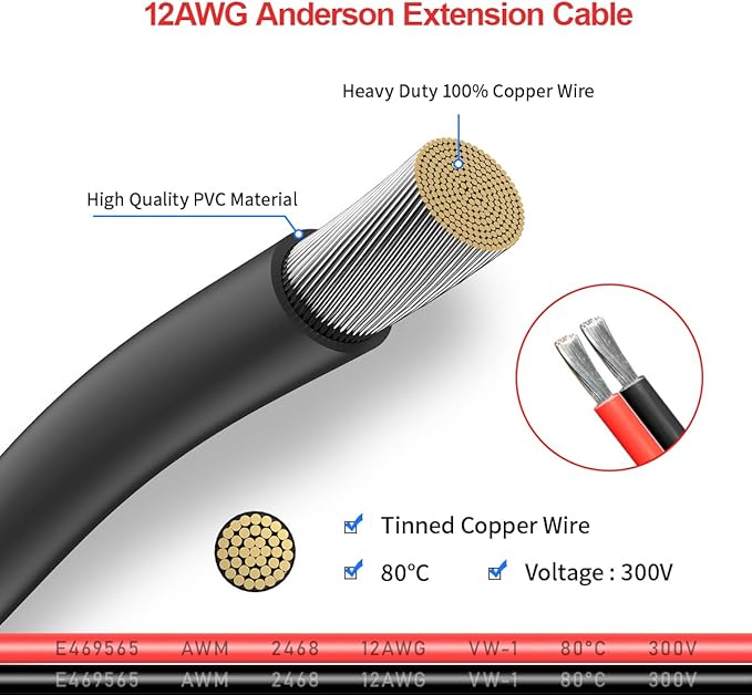 12AWG 50FT Anderson Extension Cable 2 6 10 20 35 50 75 100FT Solar Extension Cable Anderson