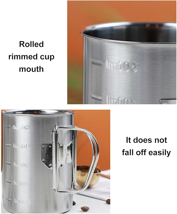 Stainless Steel Camping Cup, 17oz Fireproof Metal Cup with Lid and Foldable Handle, High