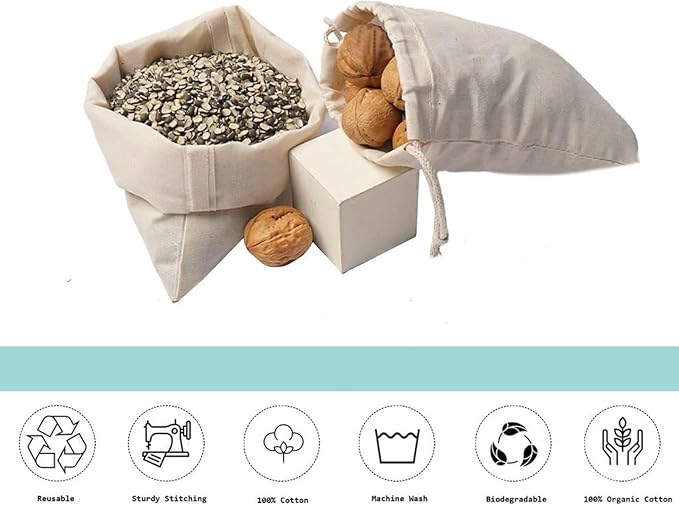 100Pcs 8 x 12 Inches Premium Cotton Muslin Double Drawstring Bags, Reusable Bag Natural Cotton Bags