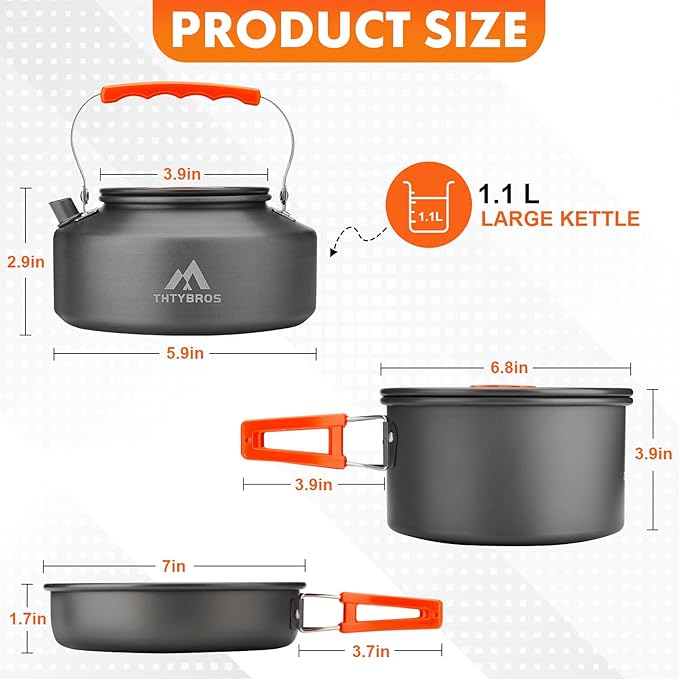 17pcs Camping Cookware Kit, 0.45Gal Pot, 7inches Pan,0.30Gal Kettle Set with 2 Set Stainless Steel
