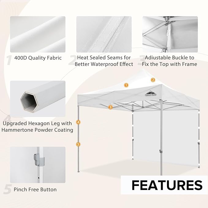 EAGLE PEAK 10x10 Heavy Duty Pop up Commercial Canopy Tent with One Removable Sidewall, Instant Sun