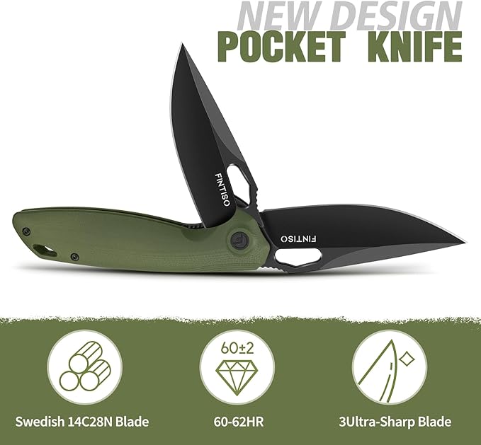 FINTISO Pocket Knife 3.38" Folding Knife Premium 14C28N Blade with G10 Handle, Camping Survival