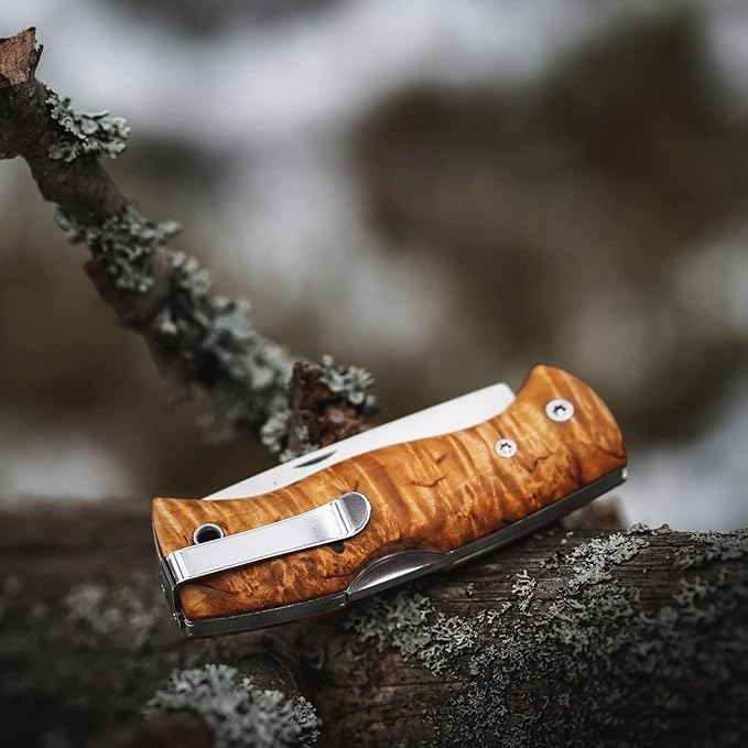 HELLE Knives - Nipa - Mid-Size Folding Knife - 2.72" Stainless Steel Blade with Hand-Sanded Curly