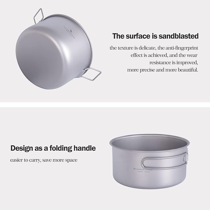 iBasingo 1.2L Titanium Soup Pot with Lid Camping Cookware with Foldable Handle Portable Lightweight