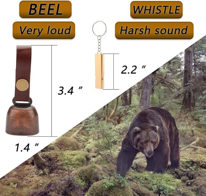 kcrygogo Loud Bear Bells with Leather Button Strap and Emergency Whistle for Survival, Hiking