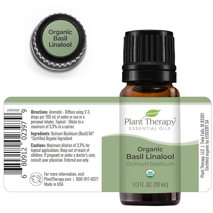 Plant Therapy USDA Certified Organic Basil Linalool Essential Oil 10 mL (1/3 oz) 100% Pure