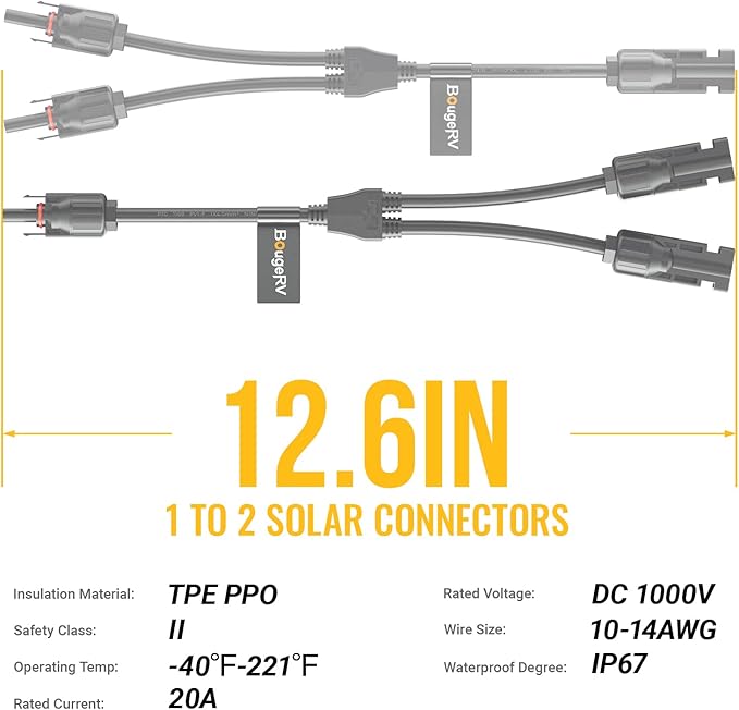 BougeRV 4 Pairs Solar Y Branch Connectors Solar Panel Parallel Adapter Cable 1 to 2 Wire Plug Tool
