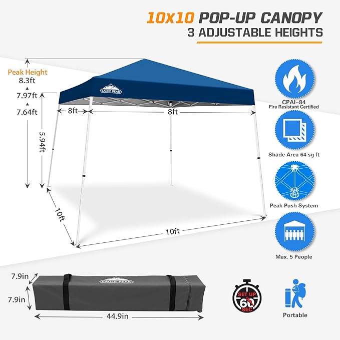 EAGLE PEAK 10x10 Slant Leg Pop-up Canopy Tent Easy One Person Setup Instant Outdoor Beach Canopy