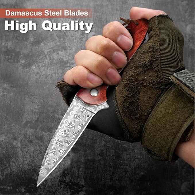 Damascus Pocket Knife with Sheath, 2.87" Damascus Steel Blade Knife with Wood Handle, EDC Folding