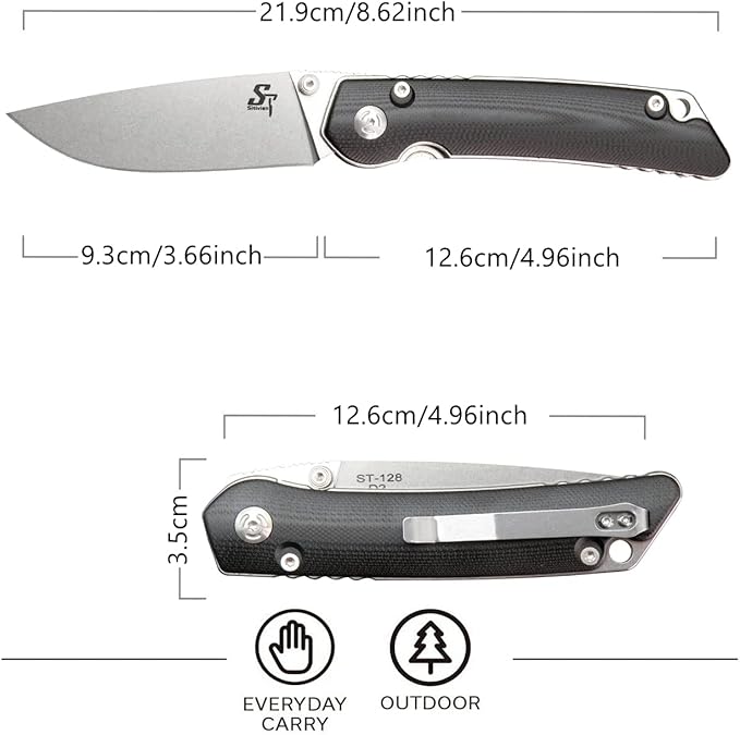 Sitivien ST128 Folding Knife,D2 Blade G10 Handle Safety Liner Lock EDC Tool Knife for Outdoor
