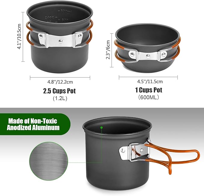 Odoland 8pcs Camping Cookware Mess Kit, Camping Pot and Pan Set with Mini Backpacking Stove