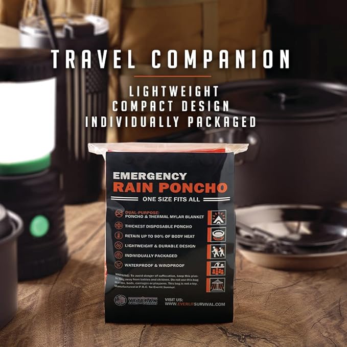 Everlit Survival Rain Poncho Emergency Mylar Space Blanket Camping Gear-Retain 90% of Body Heat