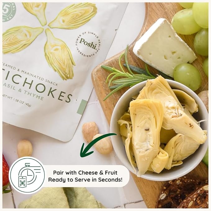 POSHI Artichoke Hearts with Basil and Thyme – Ready-to-Eat Snack Pack – Vegan, Keto, Low Carb