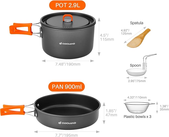 Odoland 9pcs Camping Cookware Non-Stick Lightweight Pots and Pans Set with Plastic Bowls Soup Spoon