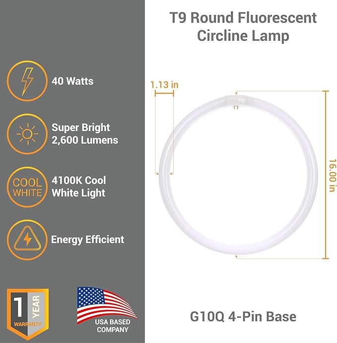 Diodesy- 16 Inch T9 Round Circline Fluorescent Light Bulb 40W 2600 Lumens 4100K Cool White G10Q