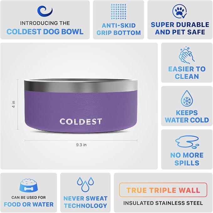 Coldest Dog Bowl - Anti Rust Metal, Non Slip, 3 Layers Insulated Stainless Steel Dog Bowls - Spill