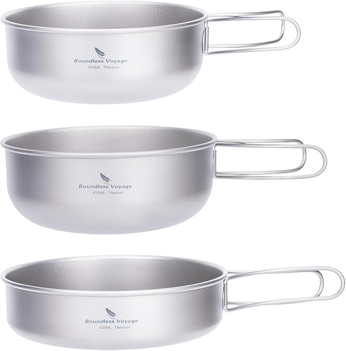 iBasingo 3-Piece Set Titanium Pot Set Camping Cooking Pan with Folding-Handle Outdoor Camp Cookware