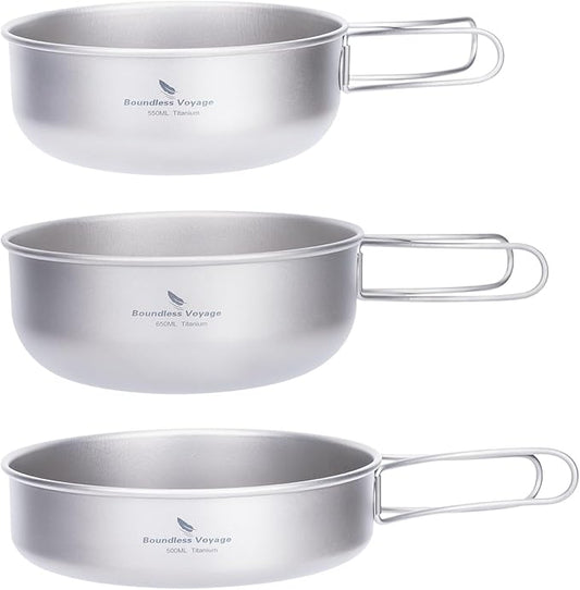 iBasingo 3-Piece Set Titanium Pot Set Camping Cooking Pan with Folding-Handle Outdoor Camp Cookware