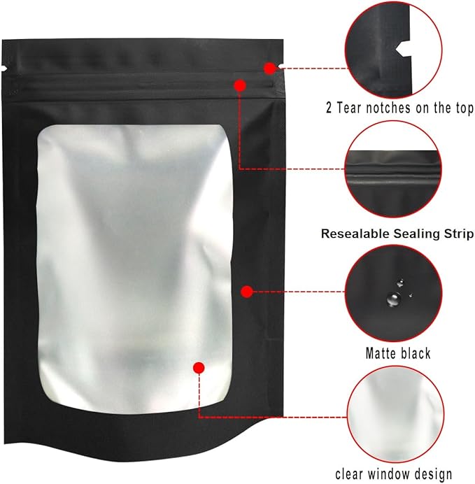STUs 100 Pack Stand-Up Mylar Bags 3.1 x 5.1 Inch Resealable Smell Proof Bags with Clear Window Foil