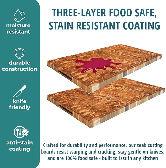 EcoDecors Extra Large Solid Teak Butcher Block 34"x20", End Grain Cutting Board with Juice Groove