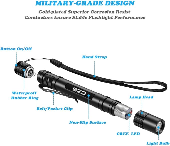 CZS LED Flashlight Penlight 1000 Lumens Battery-Powered Handheld Pen Light Pocket Torch Powered by