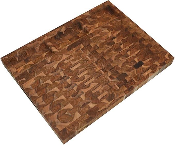 EcoDecors FSC Certified Solid Teak Cutting Board 20x15, Reversible End Grain Wood Board with 3
