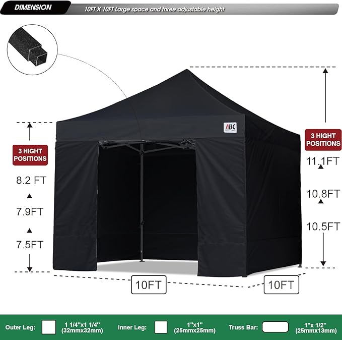 ABCCANOPY Heavy Duty Easy Pop up Canopy Tent with Sidewalls 10x10, Dull Black