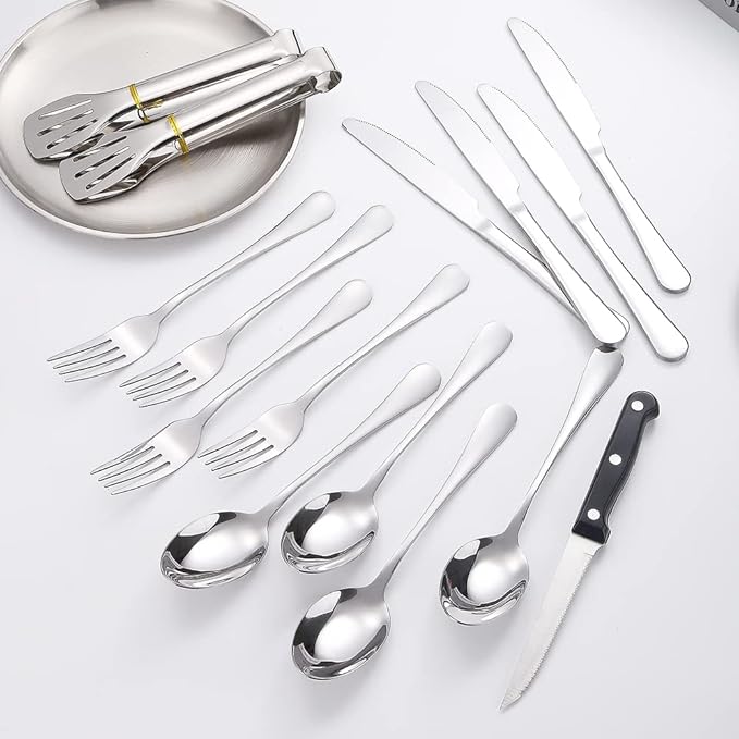 Camping Silverware Silver Picnic Plates and Utensils Set for 4 Portable Tableware Stainless Steel