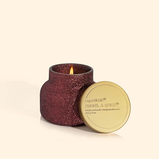 Capri Blue Tinsel & Spice Holiday Candle - Petite Glam Jar Candle - Juniper Berry, Cinnamon &